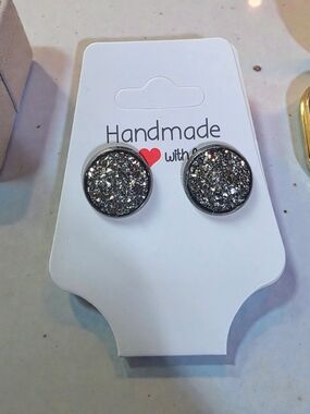 Handmade Silver Glitter Druzy Stud Earrings